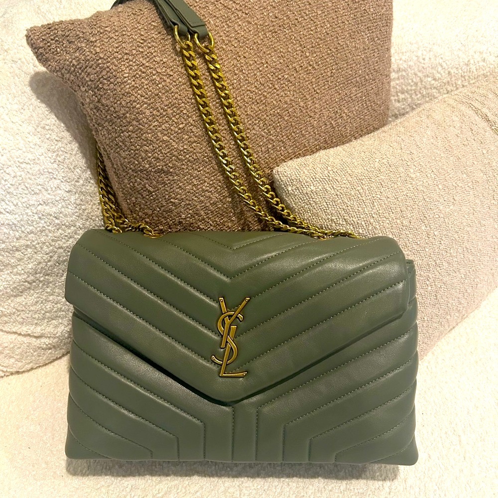 Saint Laurent Olive Green Quilted Chevron Chain Shoulder Bag